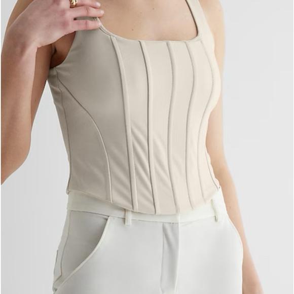 Faux Leather Zip Through Square Neck Corset - Beige