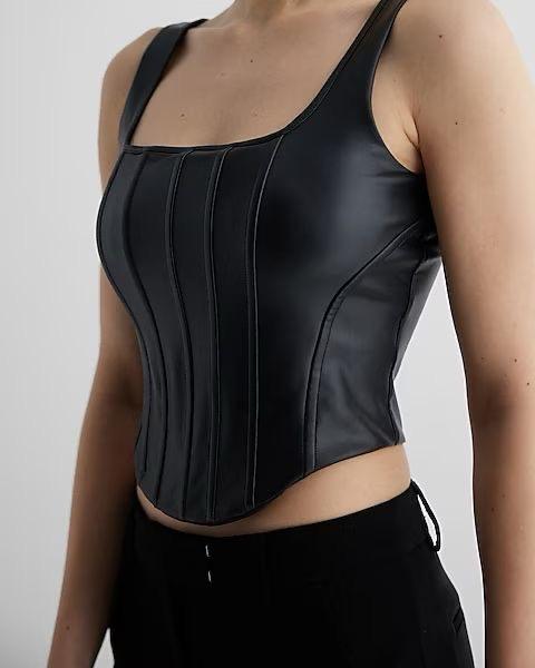 Faux Leather Zip Through Square Neck Corset